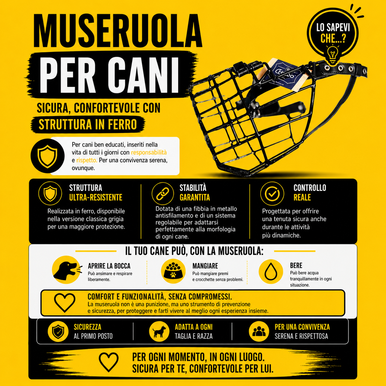 Museruola per Cani Scuolapercani | Sicura, Confortevole con Struttura in Ferro