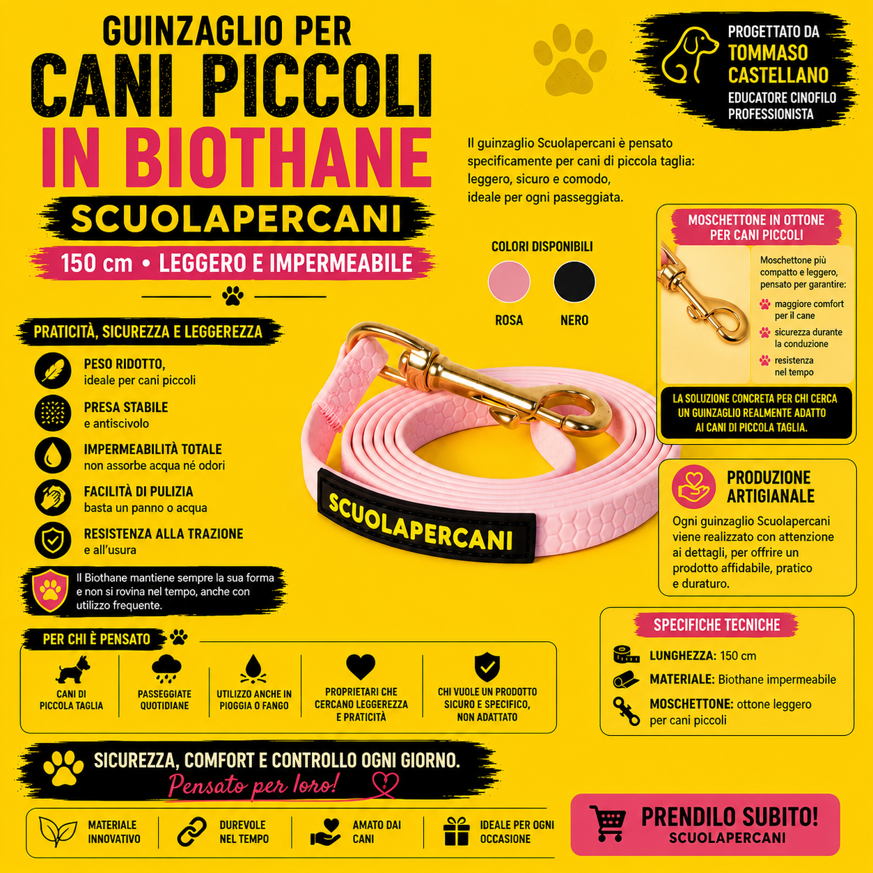 Guinzaglio per Cani Piccoli 150 cm Leggero in Biothane – Antiscivolo e Impermeabile